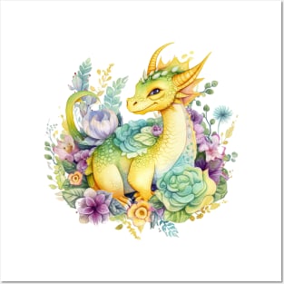 Cute Spring Flower Dragon Watercolor Posters and Art